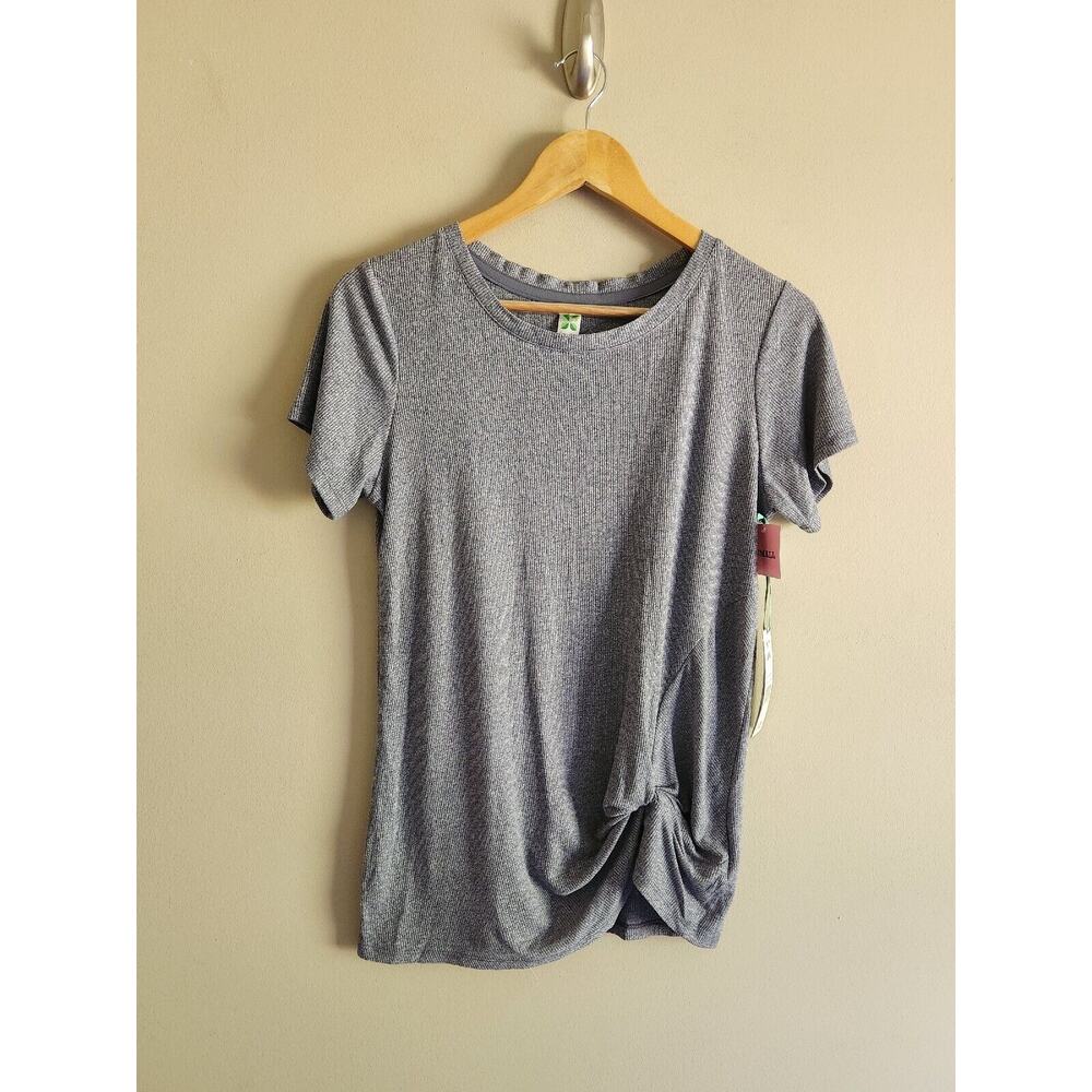 Green Tea Shirt Womens S Tie Twist Front Short Sleeve Blue Heather Ribbed - Picture 1 of 8